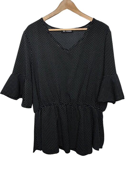 OMT Fashions Tops - OMT Fashions Polka Dot Peplum Blouse Size 1X Black White Flutter Sleeve